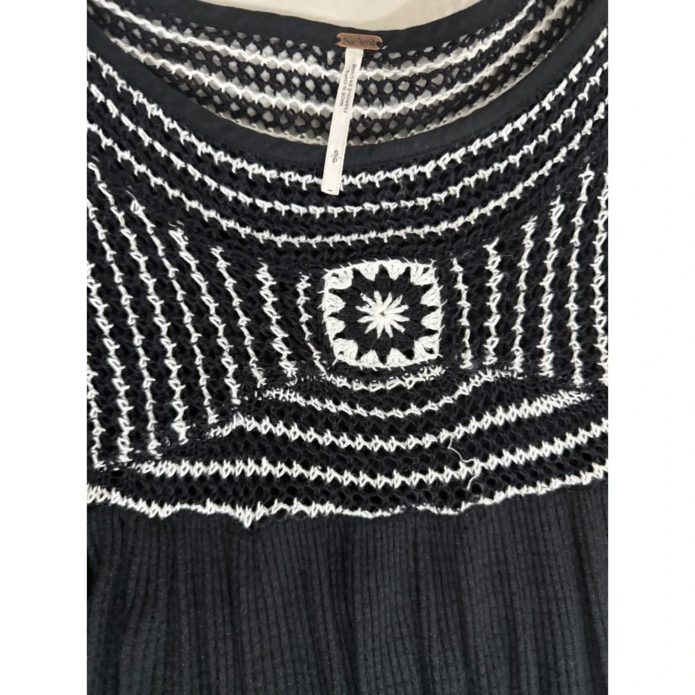 Free People Black Crochet Soul Mate Yoke Waffle Knit Boho Babydoll Top S/P